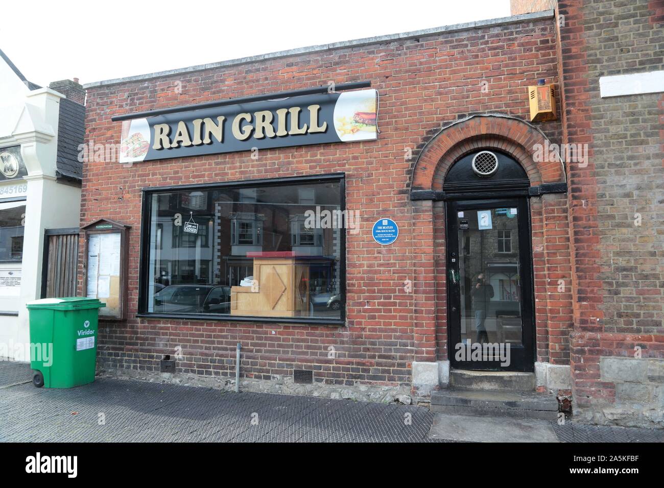 West Malling High Street Kent United Kingdom Outside the Rain Grill where in 1967 The Beatles started their Magical Mystery Tour. Stock Photo