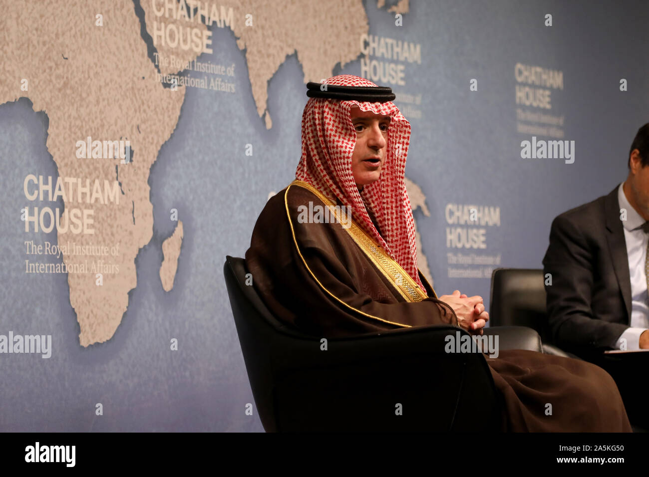 London / UK – October 14, 2019: Adel al-Jubeir, Saudi Arabia’s minister of state for foreign affairs, speaking at Chatham House on Saudi foreign policy Stock Photo