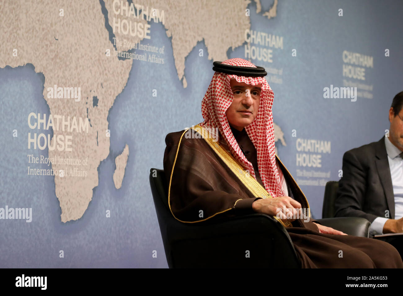 London / UK – October 14, 2019: Adel al-Jubeir, Saudi Arabia’s minister of state for foreign affairs, speaking at Chatham House on Saudi foreign policy Stock Photo