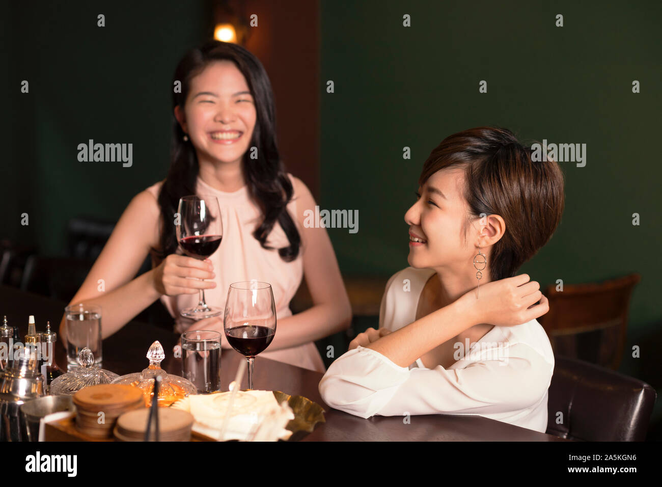 Two women having wine while sitting at bar counter in bar Stock Photo