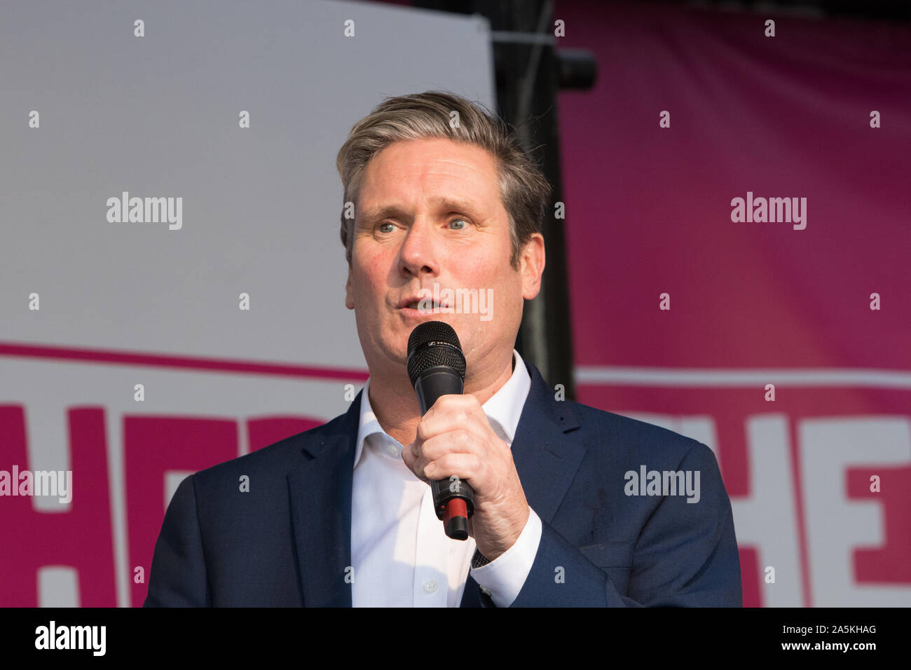 Westminster, London, UK. 19 October 2019. Sir Keir Starmer MP addresses the crowd at Parliament Square. MPs have just voted in favour of Oliver Letwin MP amendment to the government’s Brexit Deal. Hundreds of thousands supporters of the 'People's Vote' converge on Westminster for a ‘final say’ on the Prime Minister Boris Johnson’s new Brexit deal. Stock Photo