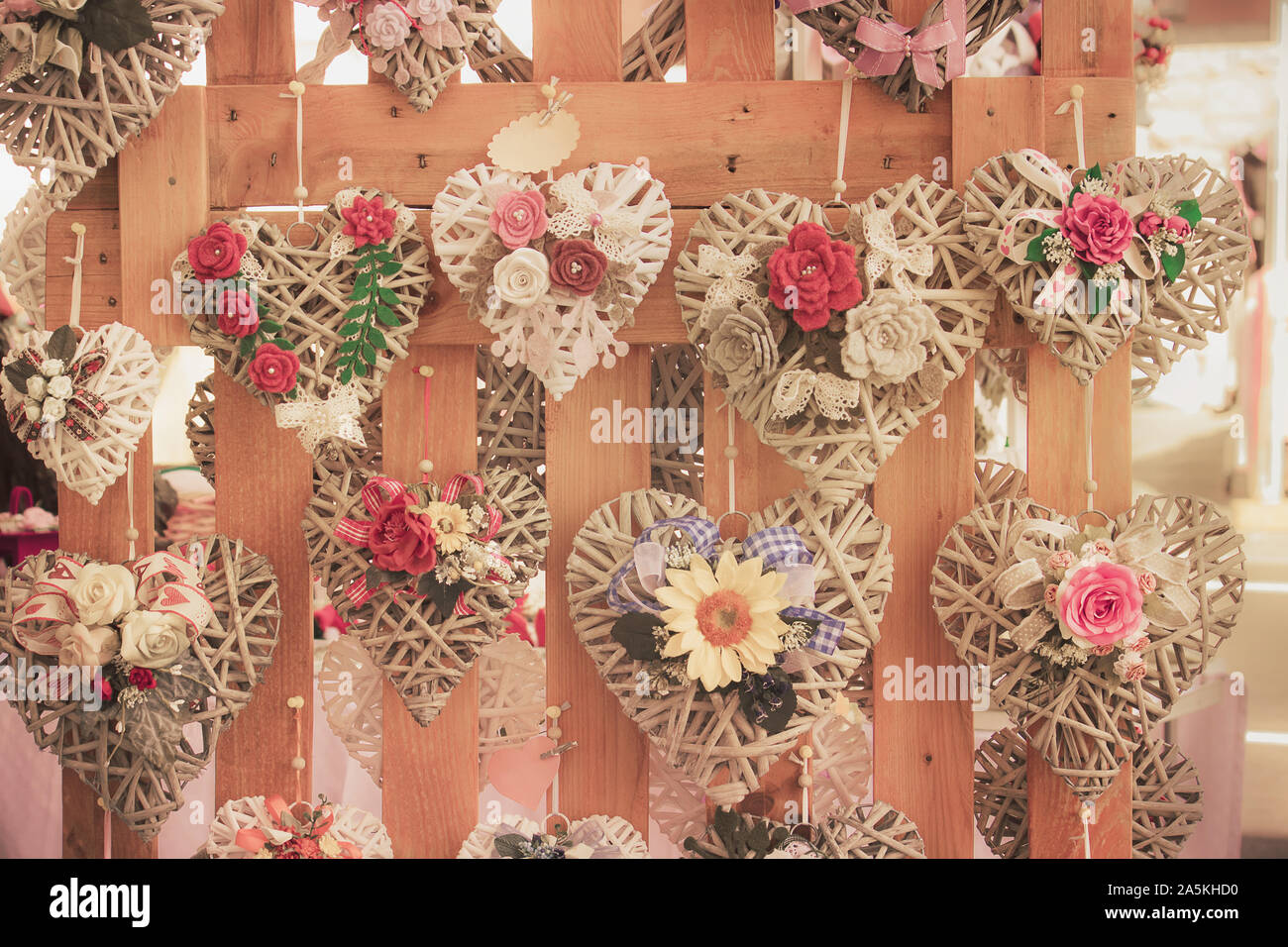 Vintage heart decorations with flowers. Sweet symbols of love made with ...