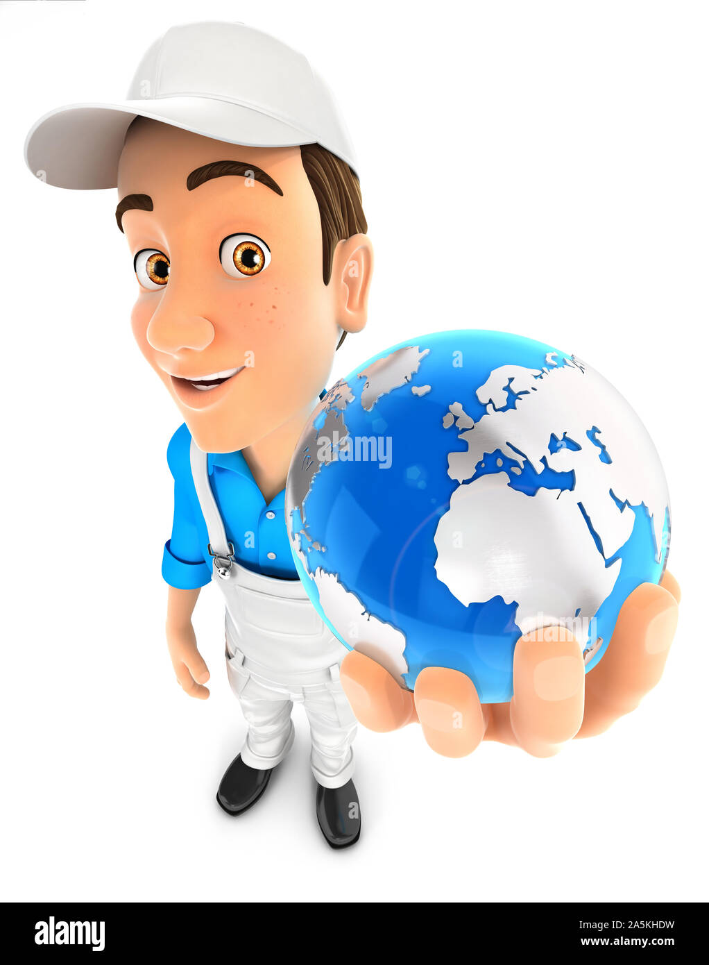 3d painter holding blue earth, illustration with isolated white background Stock Photo