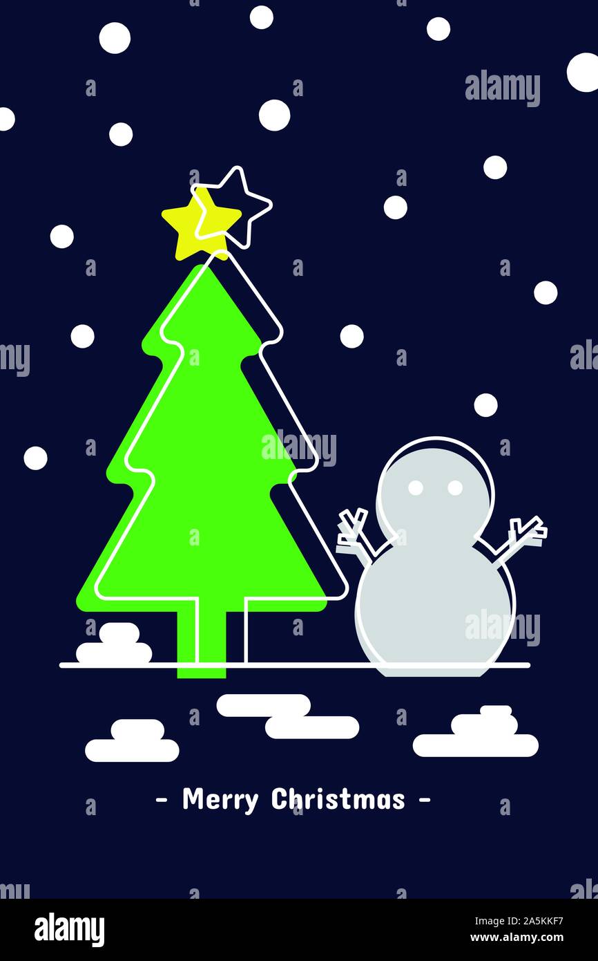 Christmas tree and snowman with snow falling - design for greeting card ...