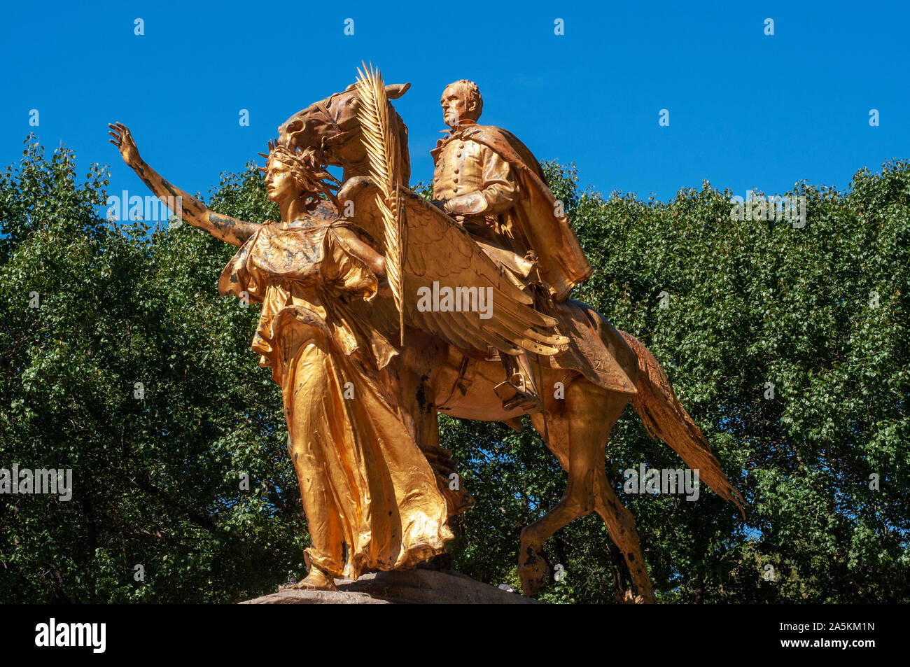 Central Park. The famous General William Tecumseh Sherman Statue opposite The Plaza Hotel. Central Park Stock Photo