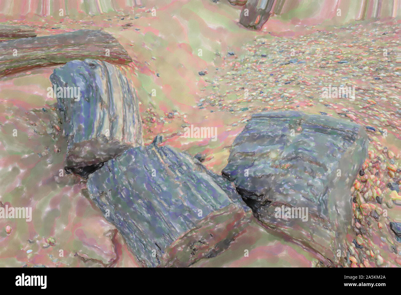 watercolor illustration: Petrified wood trunks in the stone desert in Sudan, Africa Stock Photo