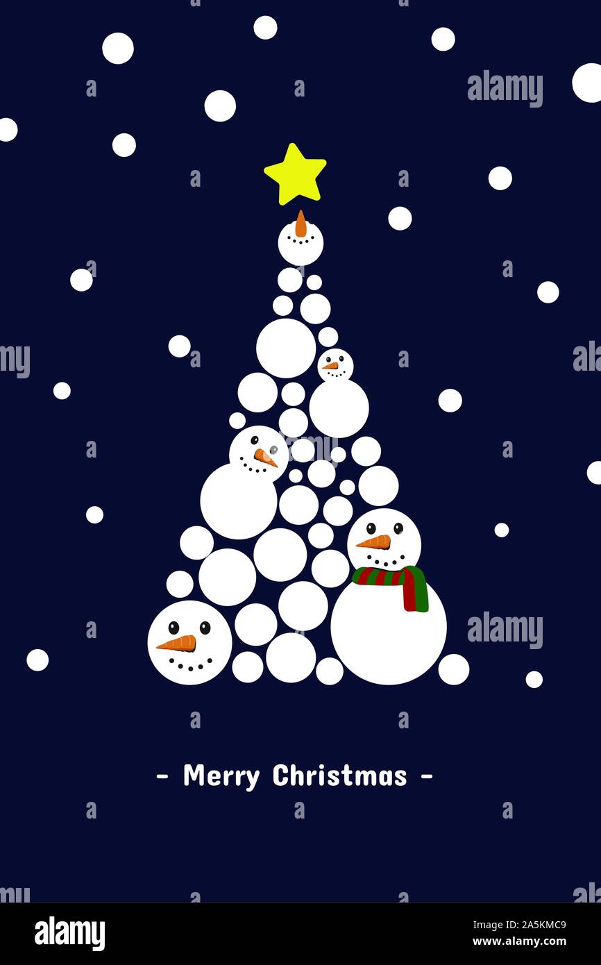 Christmas tree by snowman with snow falling - design for greeting card ...