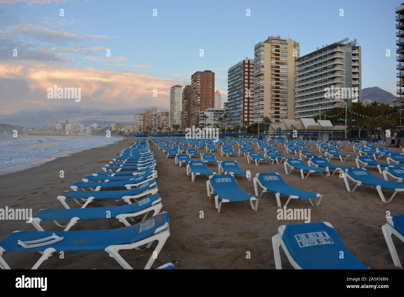 Rows of empty blue sun loungers and umbrellas on Playa de Levante beach, very early on a Sunday morning in October, Benidorm, Alicante Province, Spain Stock Photo