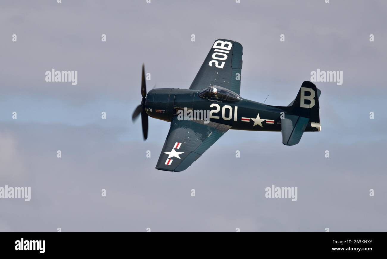 Grumman Bearcat F8F (G-RUMM) airborne at the Flying Legends airshow on the 14th July 2019 Stock Photo