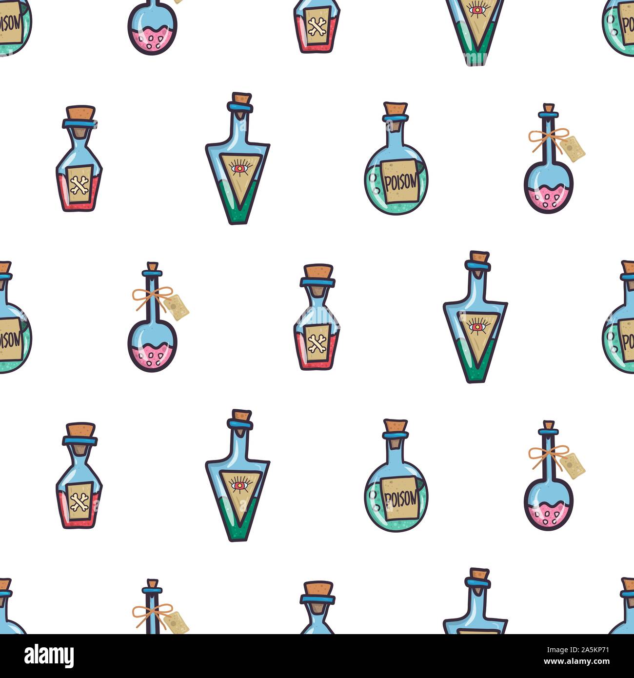 Vintage seamless pattern with set of different poison bottle for wallpaper design, fabric, wrapping paper. Halloween party. Hand drawn vector doodle chemistry. Stock Vector
