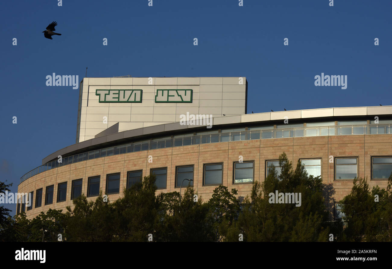 Jerusalem, Israel. 21st Oct, 2019. The Teva Pharmaceutical logo is seen in  English and Hebrew at their tablet production plant in Jerusalem, on  Monday, October 21, 2019. The Israeli drug manufacturer Teva's