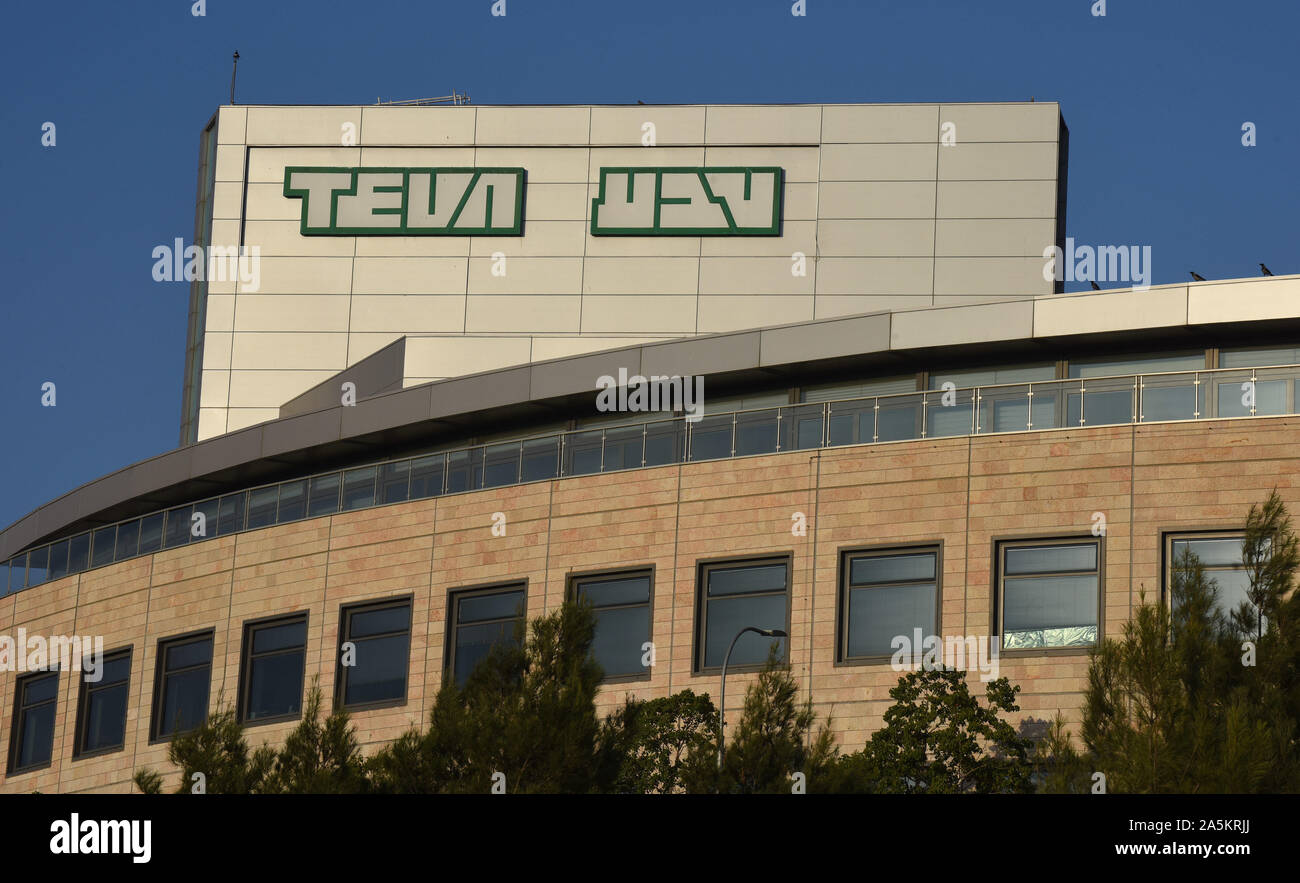 Jerusalem, Israel. 21st Oct, 2019. The Teva Pharmaceutical logo is seen in  English and Hebrew at their tablet production plant in Jerusalem, on  Monday, October 21, 2019. The Israeli drug manufacturer Teva's