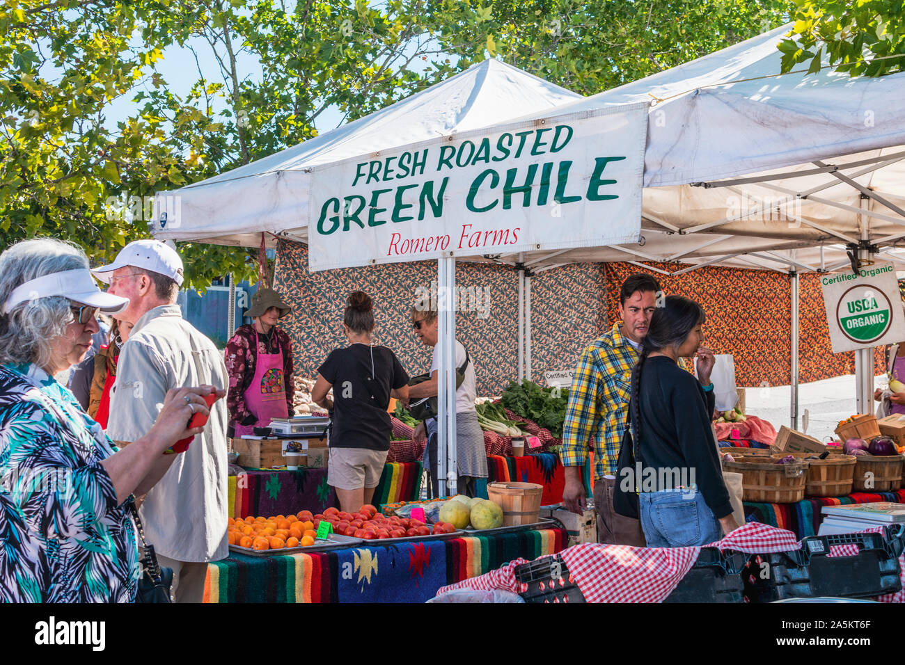 US Farmers Market selling fresh roasted green chile, Santa Fe, New Mexico Railyard Farmers Market. Stock Photo