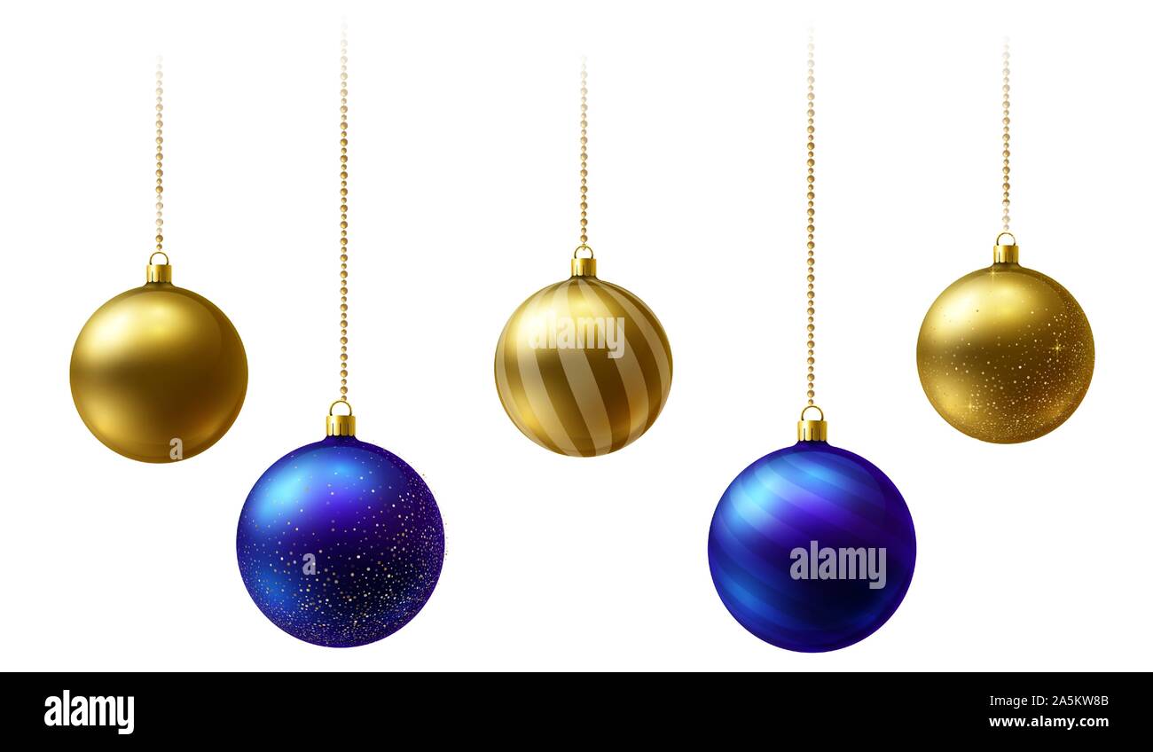 Realistic gold and blue Christmas balls hanging on gold beads chains on ...