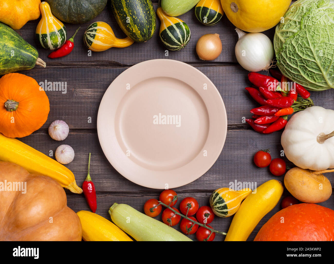 Empty plate with different kinds of harvest vegetables on dark wooden background. Pumpkin, cabbage, onion, tomatoes, garlic, pepper around the empty p Stock Photo