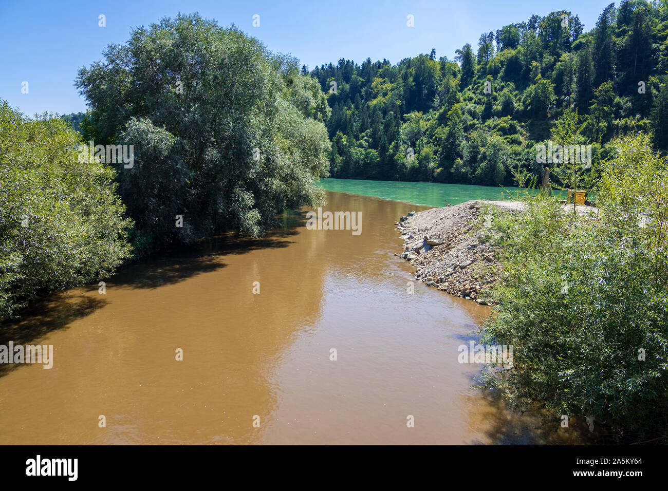 Lavamund, Austria - August 09, 2019: The confluence of the Lavant and Drava rivers. Memorial dedicated to flood marks in Lavamund, Carinthia Austria Stock Photo