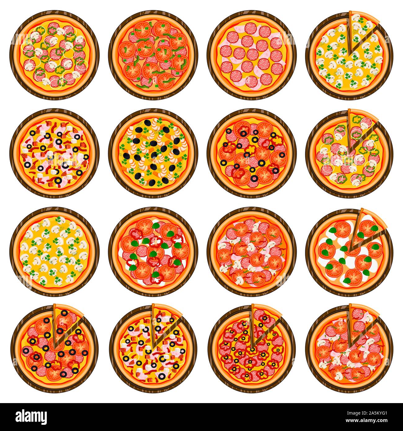 Big colorful set for whole round hot pizza, slice triangle to pizzeria menu. Pizza on wood board, ingredients various size for pizzeria to chalkboard. Stock Vector