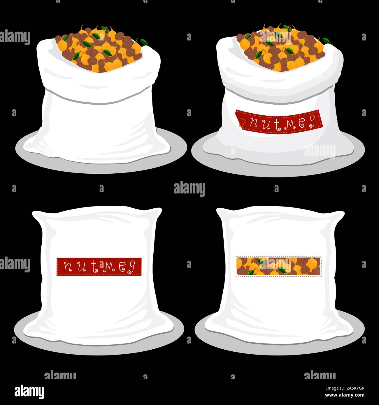 Illustration on theme big set different types spice nutmeg, sack