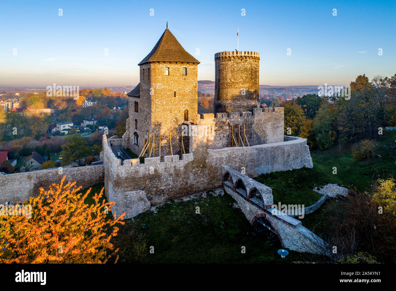 Medieval gothic castle in Bedzin, Upper Silesia, Poland. Aerial view in fall in sunrise light Stock Photo