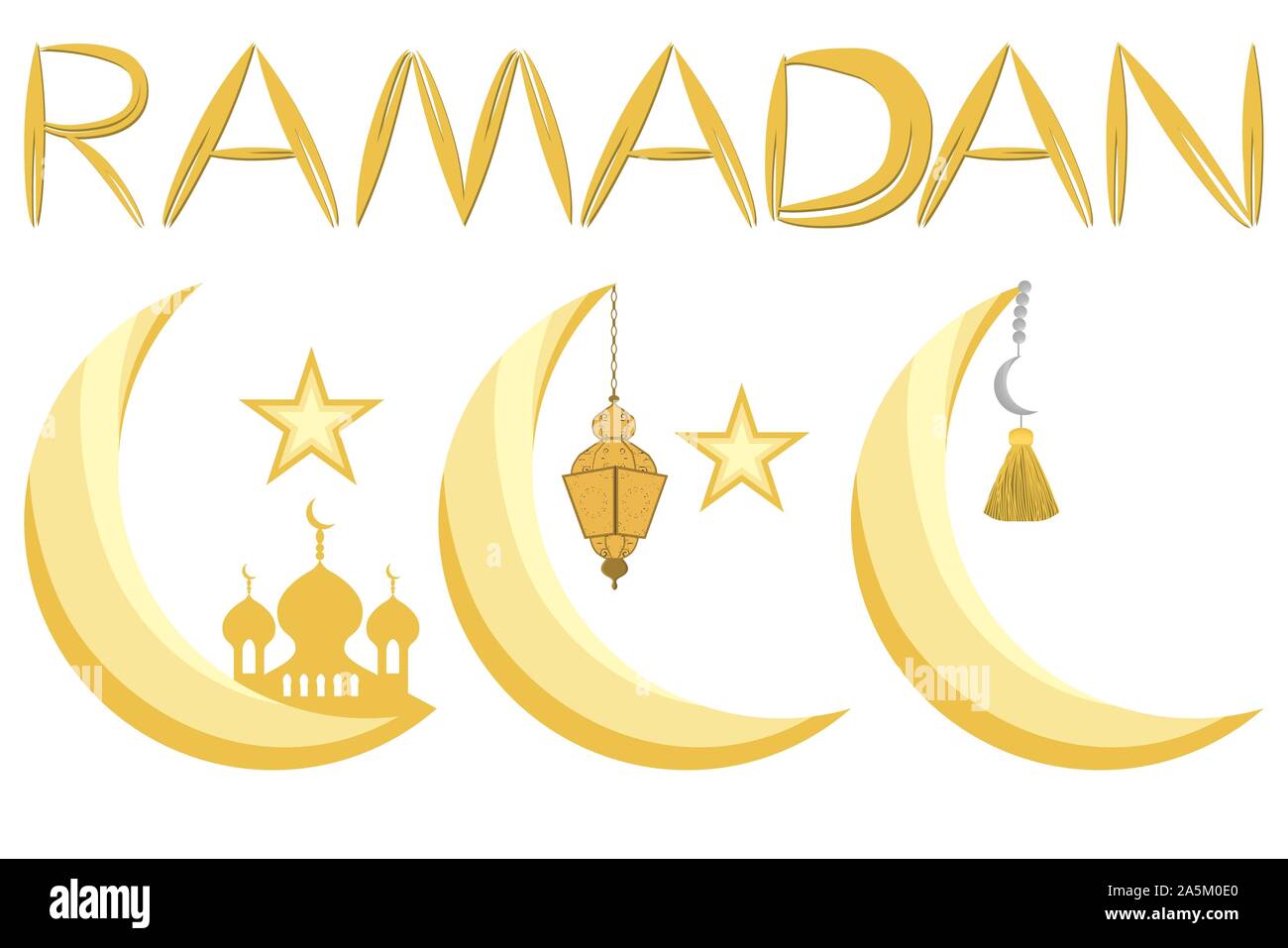 Illustration on theme big set different types moon, star to celebration holiday Ramadan. Moon pattern consisting of religious collection star Ramadan. Stock Vector