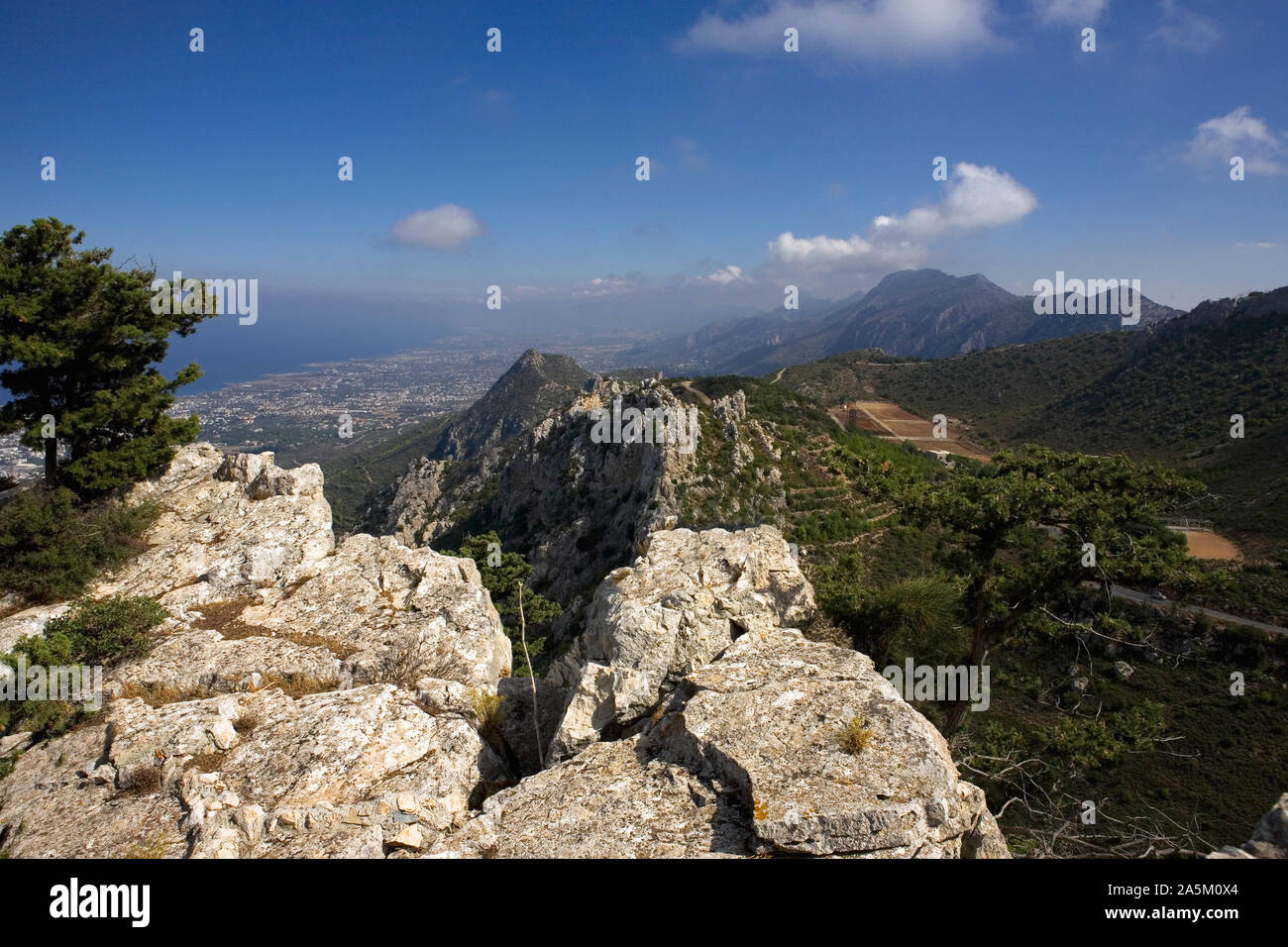 View over Kyrenia (aka Girne) looking east from Saint Hilarion Castle, Northern Cyprus Stock Photo