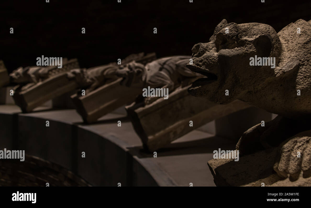 Gargoyle Display A picture of a row of gargoyles on display in an exhibition on the ...