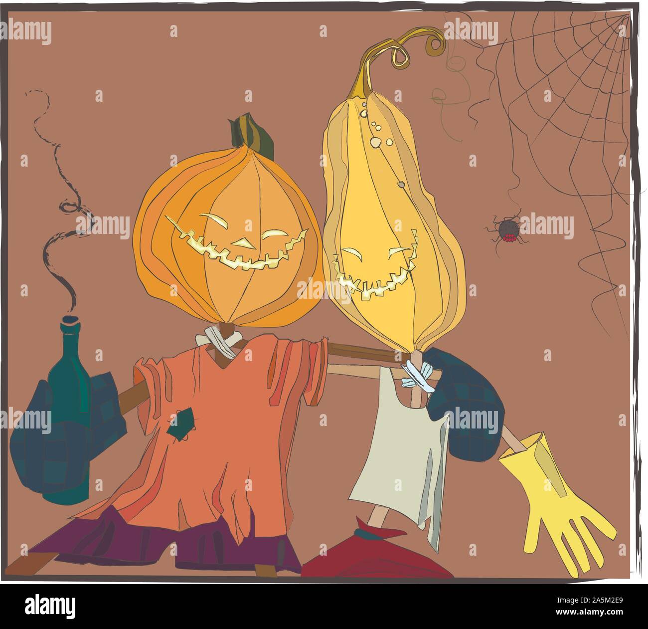 Halloween holiday. cute pumpkin character. seasonal illustration. couple of friends at a party Stock Vector