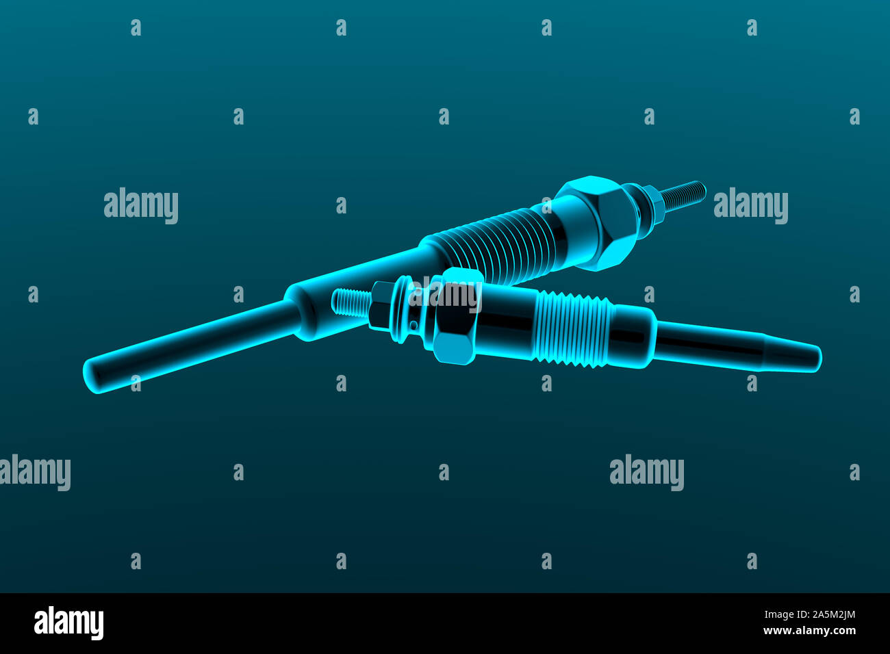 Two types of auto parts glow plug on a dark background. Spare part for the car engine. 3d rendering Stock Photo
