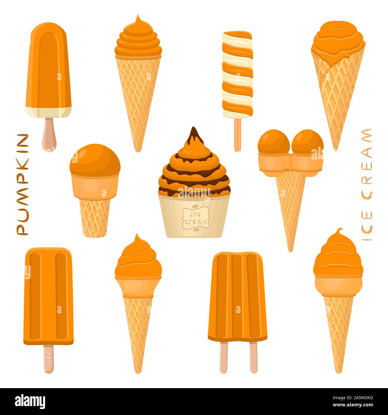 Vector illustration for natural pumpkin ice cream on stick, in paper bowls, wafer cones. Ice Cream consisting of sweet cold icecream lolly, set tasty Stock Vector