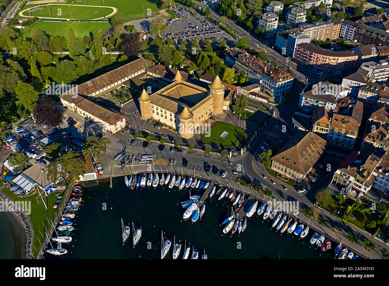 Morges Castle and marina at Lake Geneva, Morges, Vaud, Switzerland Stock Photo