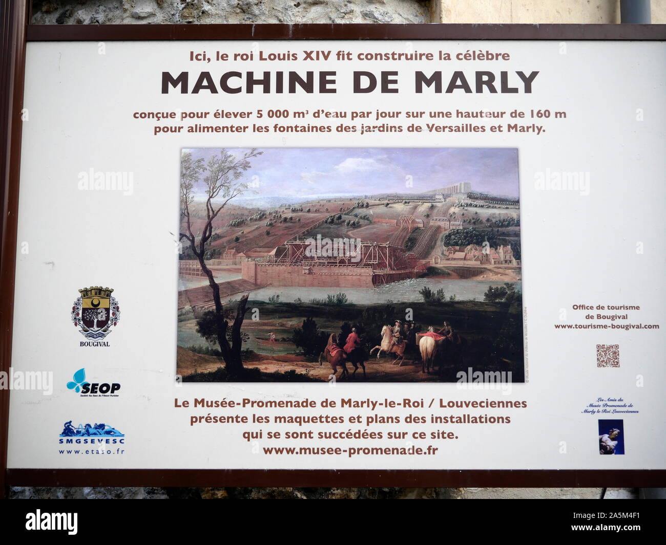 AJAXNETPHOTO. 2019. BOUGIVAL, FRANCE. - MACHINE DE MARLY - PUBLIC NOTICE-BOARD ANNOUNCING RESTORATION OF HISTORIC BUILDINGS OVERLOOKING THE RIVER SEINE, PART OF THE ORIGINAL MACHINE DE MARLY WATERWORKS COMPLEX BUILT IN 17TH CNTURY TO PUMP WATER UPHILL FEEDING THE GARDENS OF VERSAILLES AND MARLY, ADJACENT THE D113 BORDERING THE RIVER SEINE; LOCATIONS ONCE FREQUENTED BY 19TH CENTURY IMPRESSIONIST ARTISTS ALFRED SISLEY, CAMILLE PISSARRO, AUGUSTE RENOIR, CLAUDE MONET, FAUVIST MAURICE DE VLAMINCK AND MANY OTHERS.PHOTO:JONATHAN EASTLAND/AJAX REF:GX8 192609 676 Stock Photo