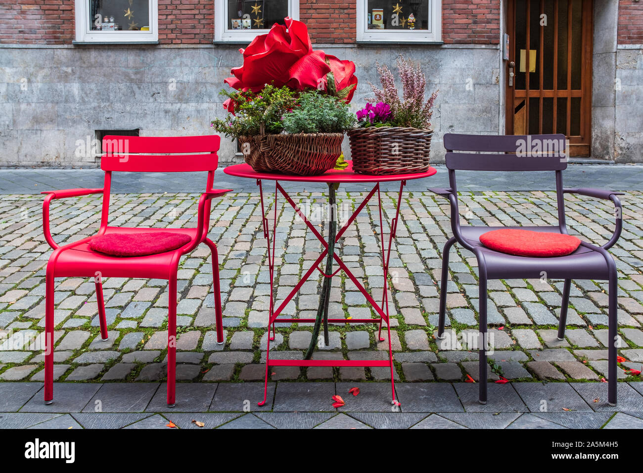 Still life with garden furniture and flowers, Aachen, Germany, EU Stock