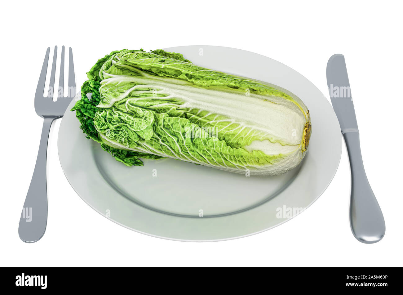 Fresh napa cabbage on plate with fork and knife, 3D rendering isolated