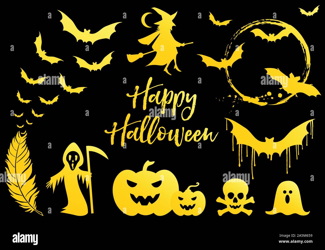 Halloween set with golden bats, flying witch, gold pumpkins, moon, ghost, vector design elements Stock Vector