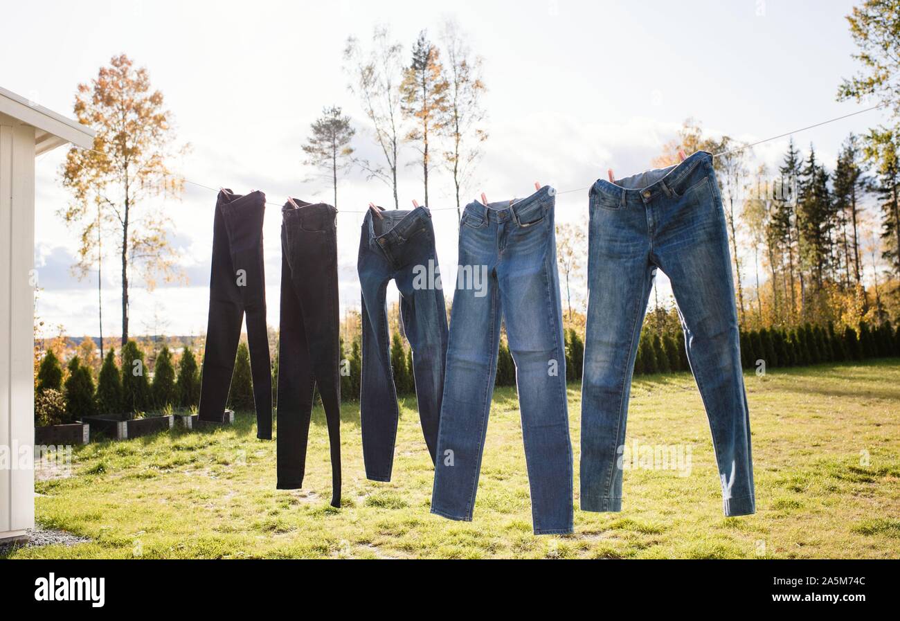 jeans hanging on an outdoor washing line drying in the sun Stock Photo
