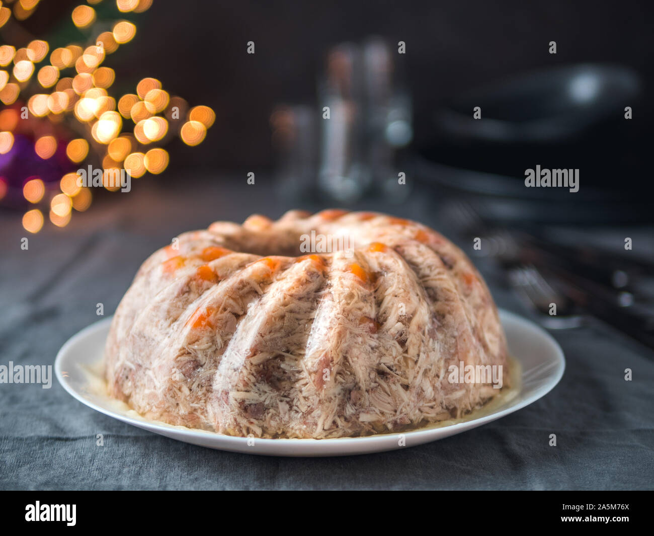 Homemade delicious jelly meat on festive Christmas table. Perfect