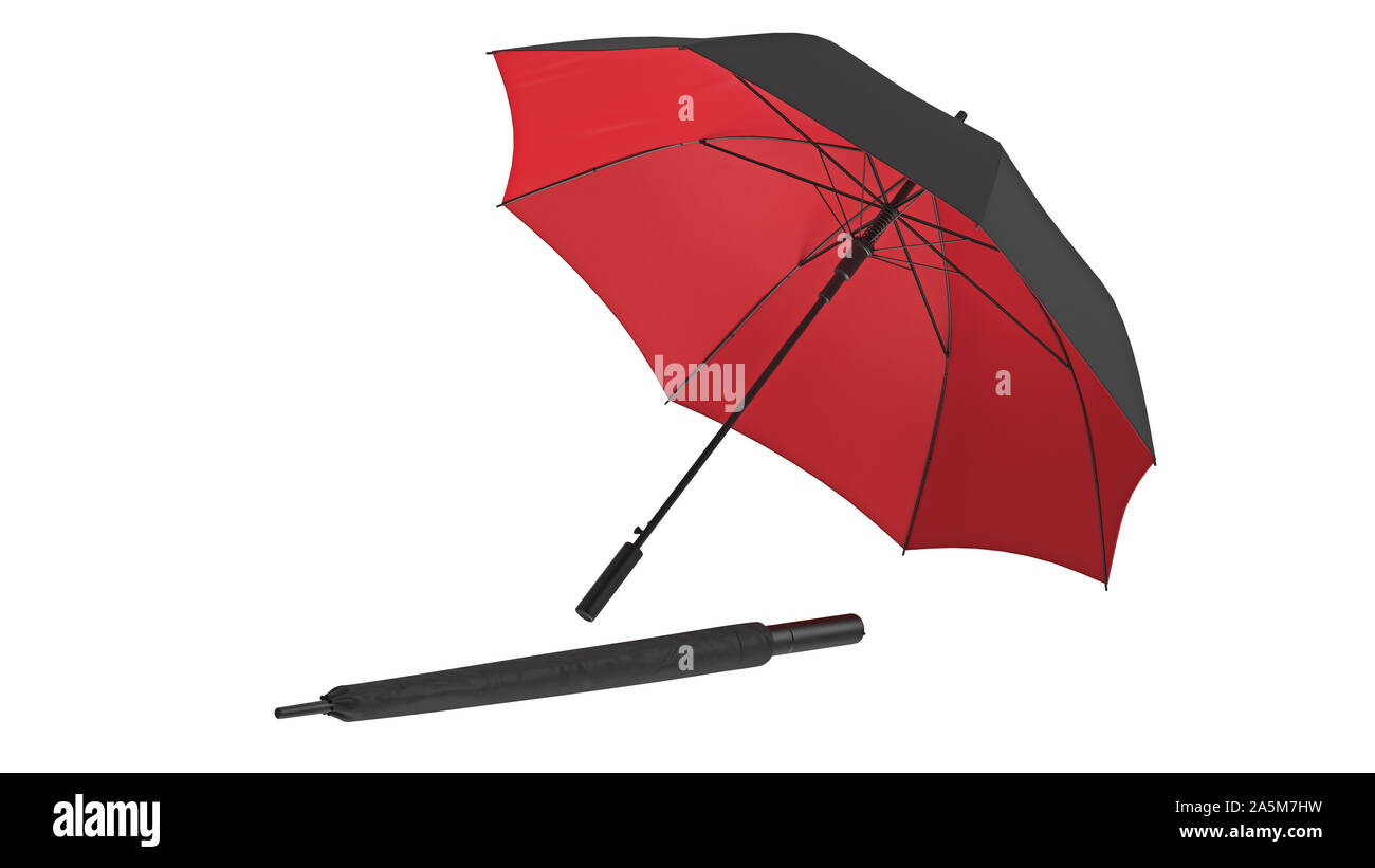 Umbrella open with red bottom and closed. 3D rendering Stock Photo - Alamy
