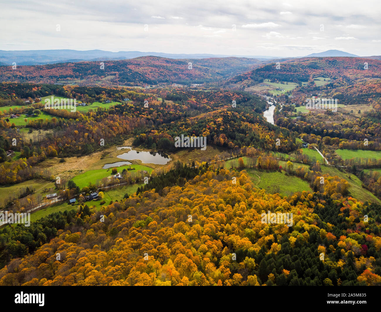 Dramatic fall foliage seen from the air near Quechee, Vermont. Stock Photo