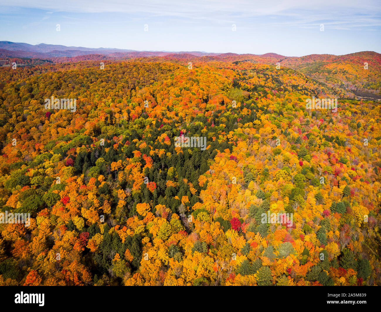 Dramatic fall foliage seen from the air near Quechee, Vermont. Stock Photo