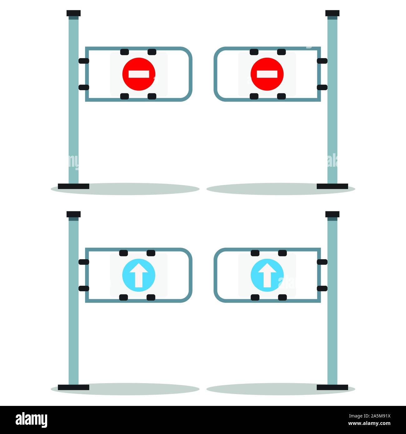 Vector illustration set of shop entrance gate with white arrow on blue round and red stop sign isolated on white background. Turnstile. Go and stop ba Stock Vector