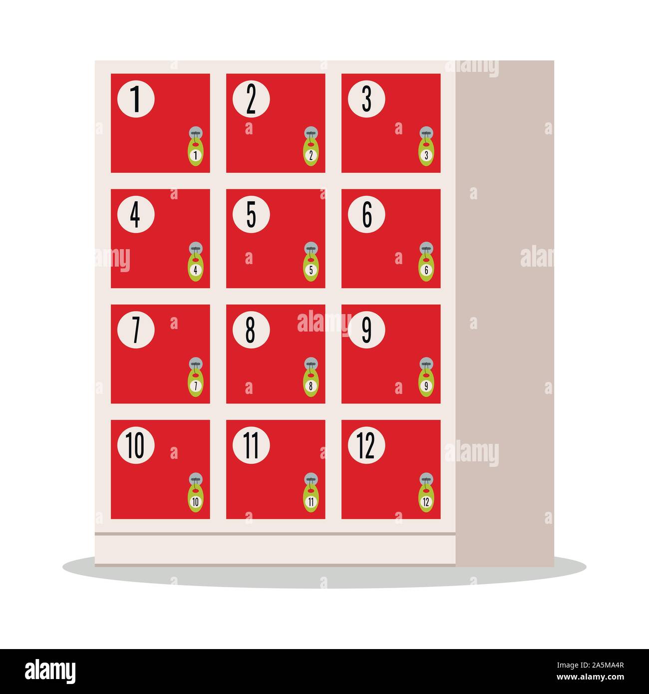 Red luggage storage, amera temporary storage of things in the supermarket. Rack with doors, locks keys with green tags and number sticker isolated on Stock Vector