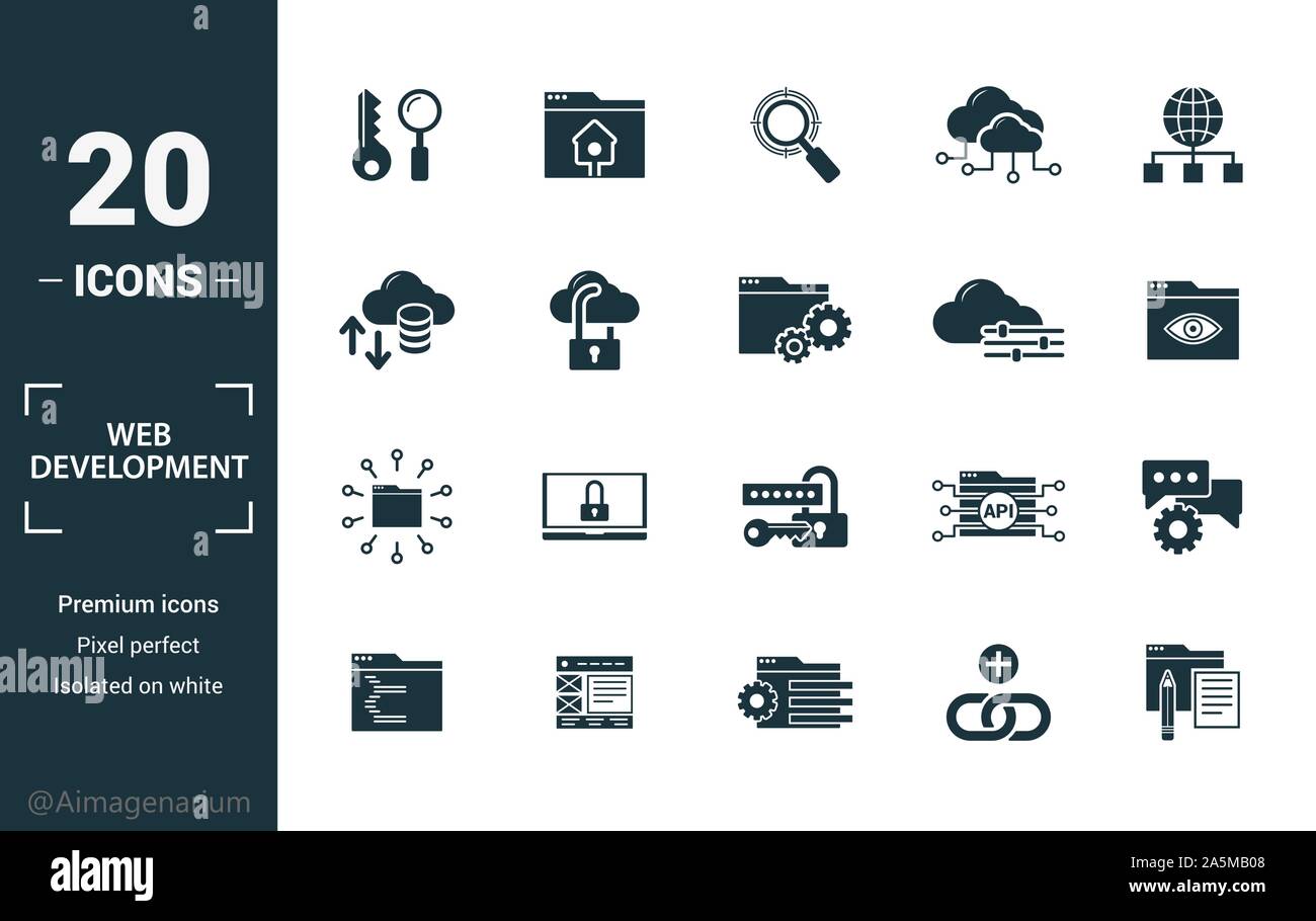 Web Development icon set. Include creative elements key search, seo, cloud storage, cloud management, network connection icons. Can be used for report Stock Vector