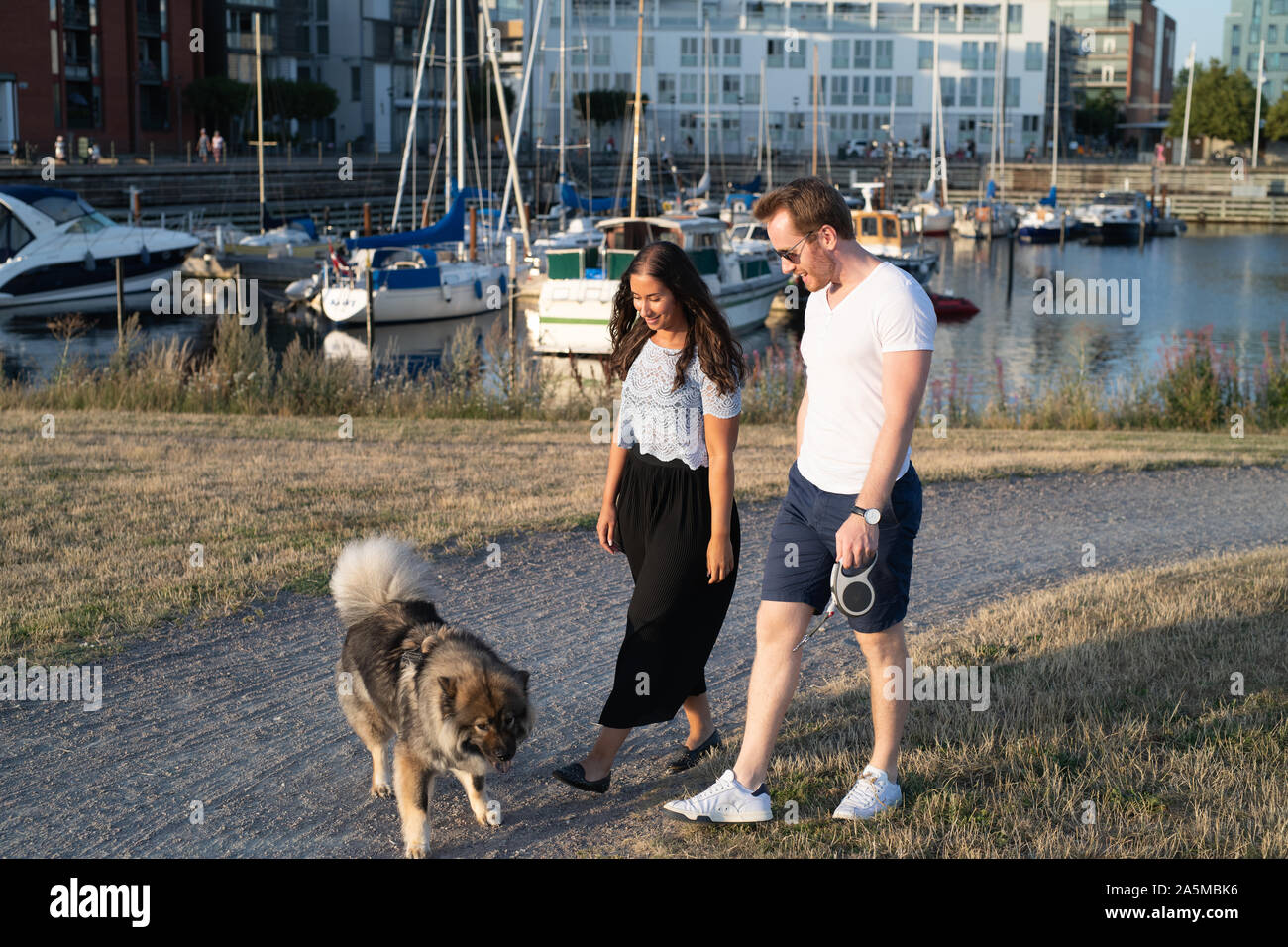 Couple walking their dog in beach area Stock Photo - Alamy