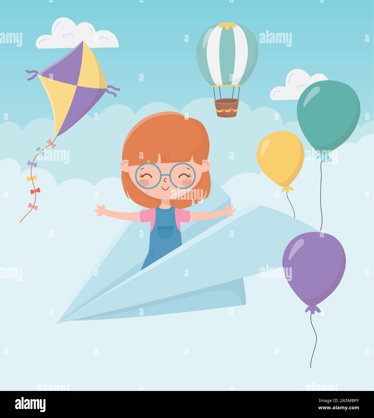 happy childrens day smile girl on paper plane flying sky vector ...