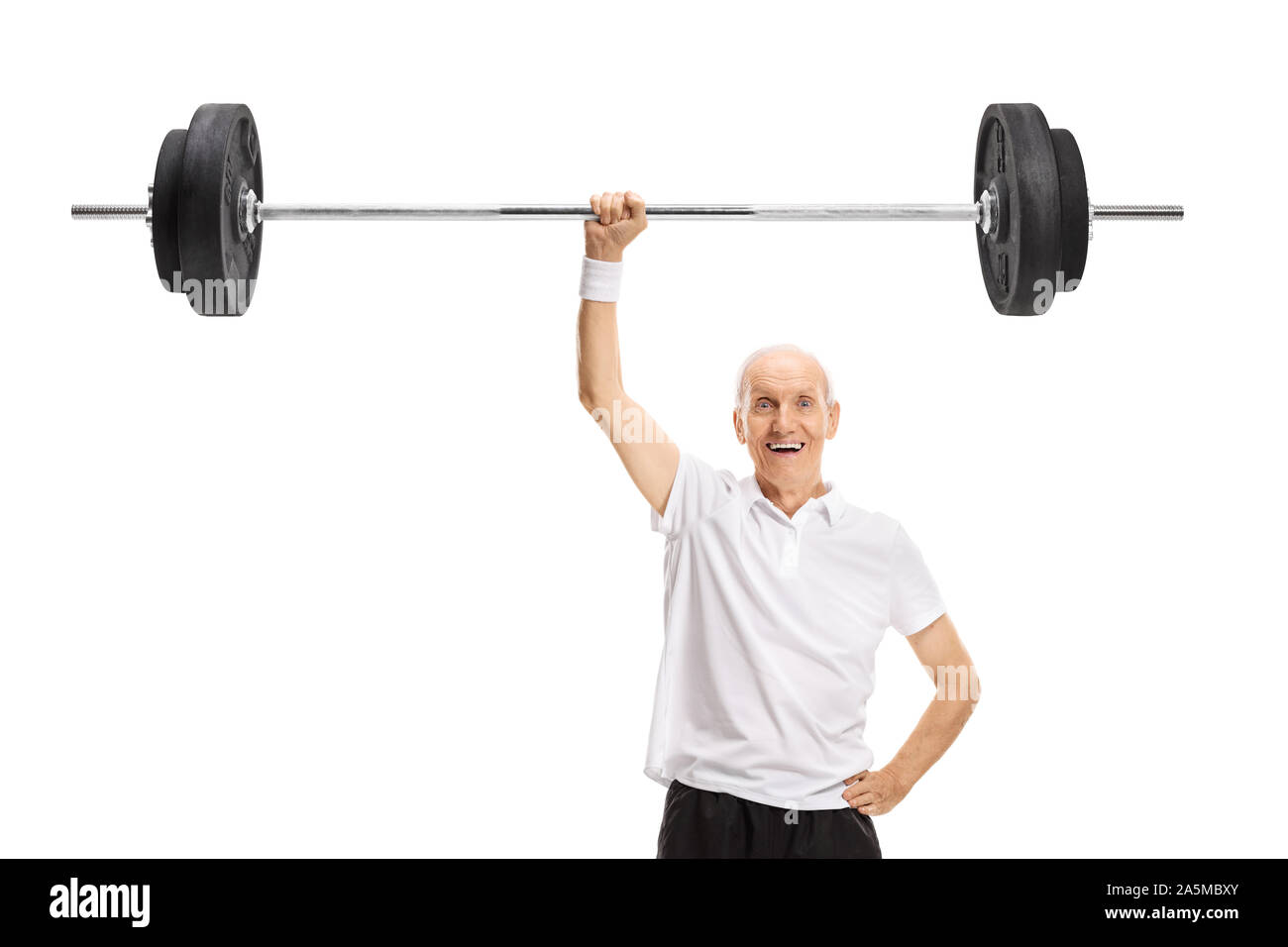 Strong senior man lifting a barbell with one hand isolated on white background Stock Photo