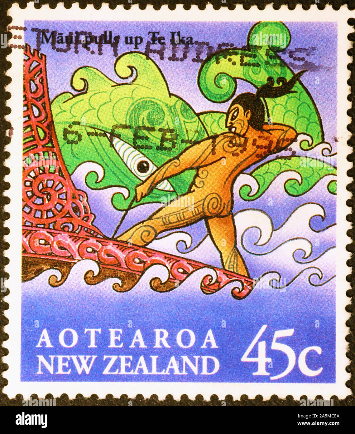 New Zealand mythological tale on postage stamp Stock Photo