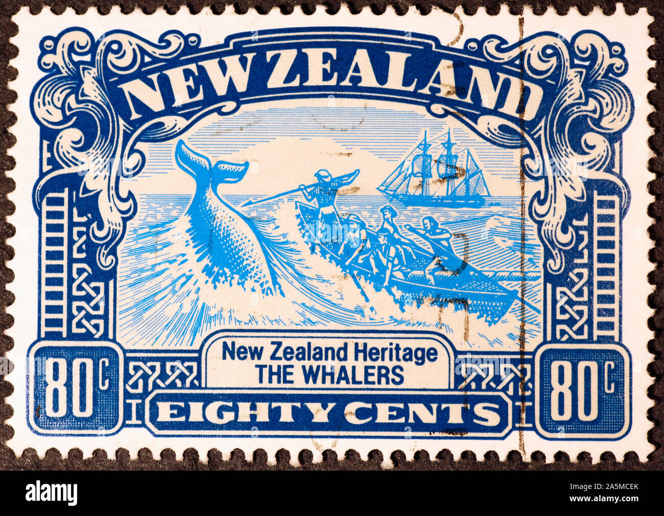 Old whalers on vintage New Zealand postage stamp Stock Photo