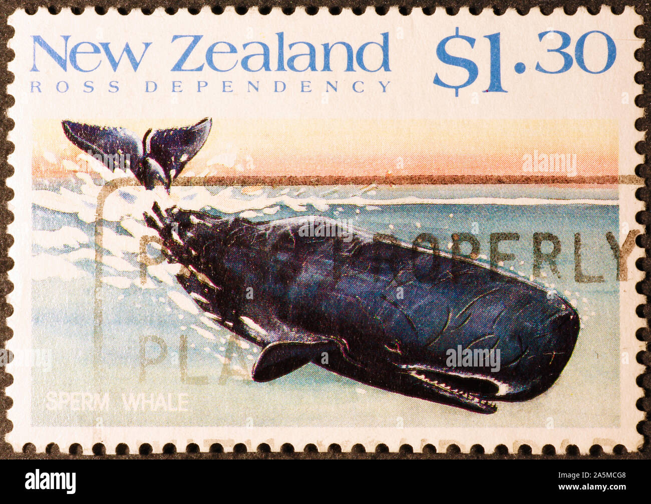 Sperm whale on New Zealand postage stamp Stock Photo
