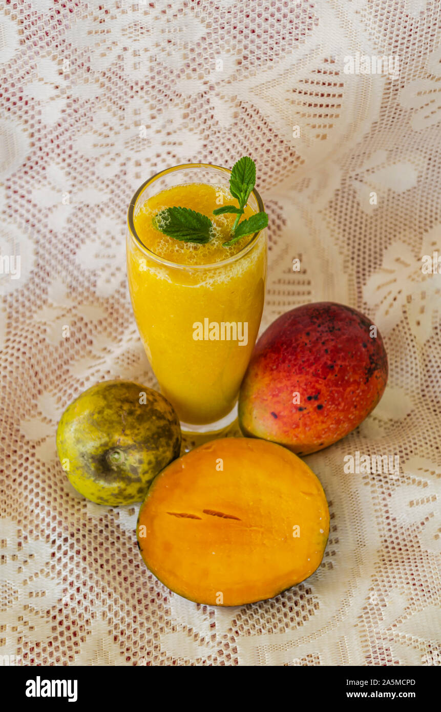 White Sapote And Mango Juice And Fruits Stock Photo