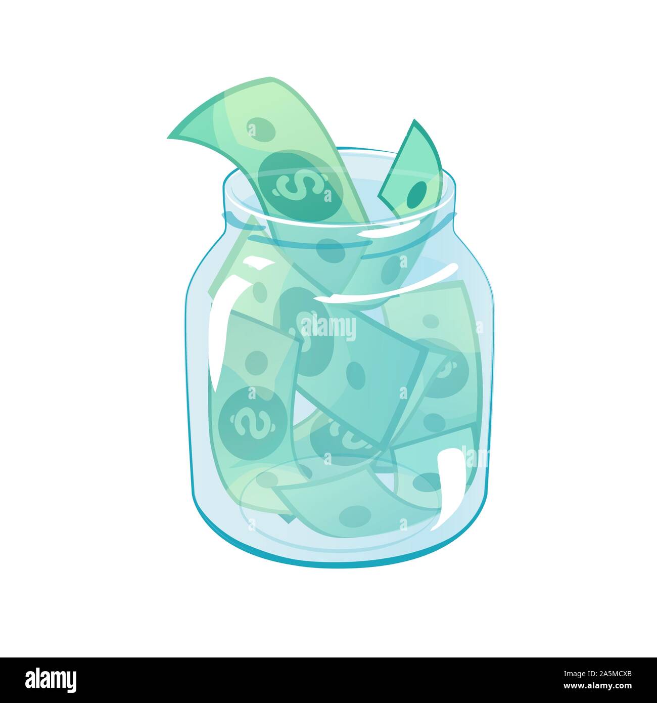 Glass jar with dollars. Financial investment concept. Save money in bank, banking security design. Cash savings in bottle. Charity, donation vector illustration template isolated on white background. Stock Vector